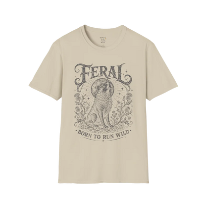 Sand Feral T-Shirt with faded charcoal mystical wolf illustration and vintage spiritual artwork inspired by untamed freedom.