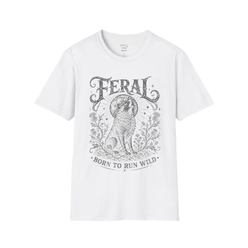 White Feral T-Shirt featuring distressed dark grey mystical wolf artwork with vintage celestial and wild soul aesthetic.