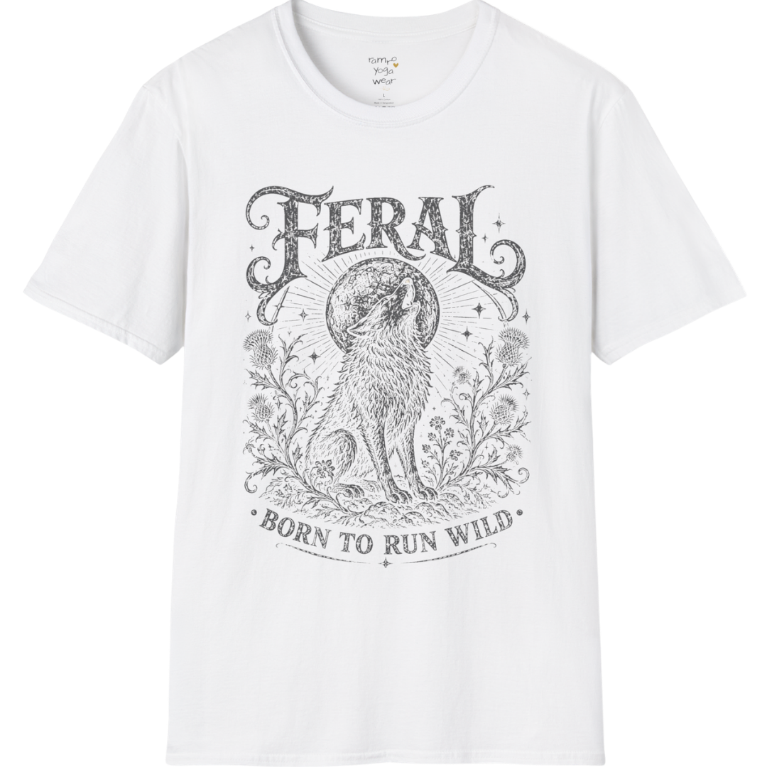 White Feral T-Shirt featuring distressed dark grey mystical wolf artwork with vintage celestial and wild soul aesthetic.