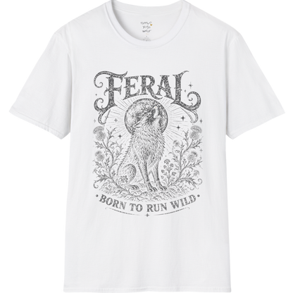 White Feral T-Shirt featuring distressed dark grey mystical wolf artwork with vintage celestial and wild soul aesthetic.