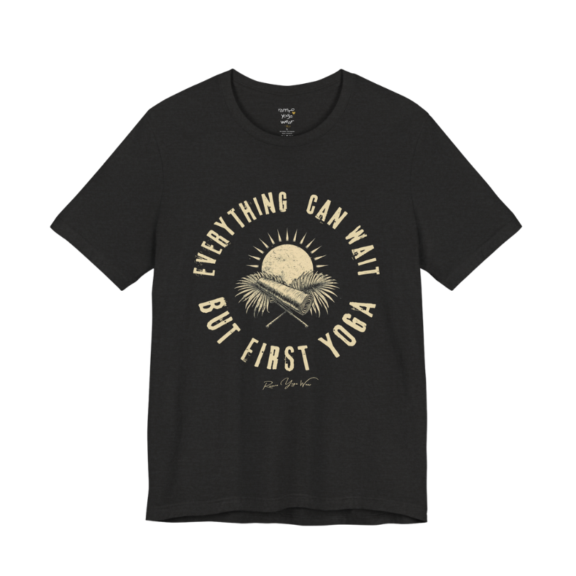 First funny yoga shirt in Black Heather — Bella+Canvas 3001 graphic tee by Ramro Yoga Wear