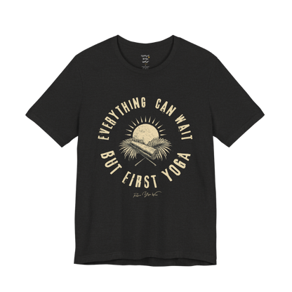 First funny yoga shirt in Black Heather — Bella+Canvas 3001 graphic tee by Ramro Yoga Wear