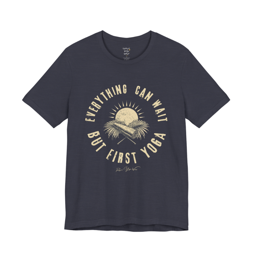 First funny yoga shirt in Heather Midnight Navy — Bella+Canvas 3001 graphic tee by Ramro Yoga Wear