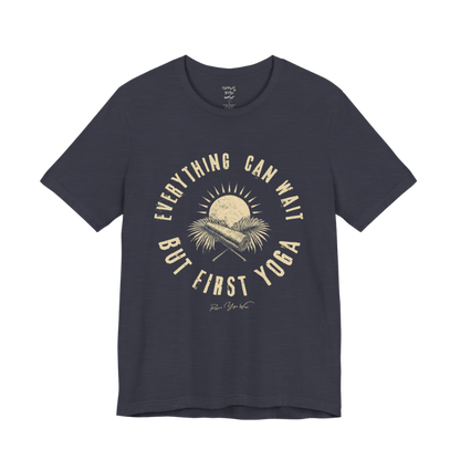 First funny yoga shirt in Heather Midnight Navy — Bella+Canvas 3001 graphic tee by Ramro Yoga Wear