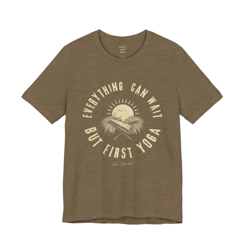 First funny yoga shirt in Heather Olive — Bella+Canvas 3001 graphic tee by Ramro Yoga Wear