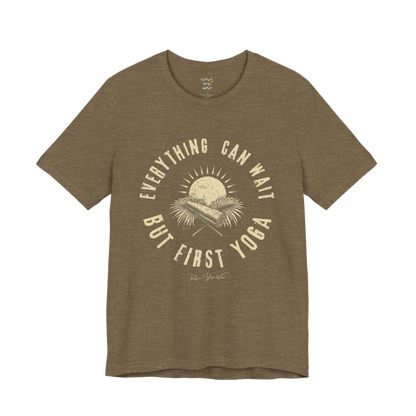 First funny yoga shirt in Heather Olive — Bella+Canvas 3001 graphic tee by Ramro Yoga Wear