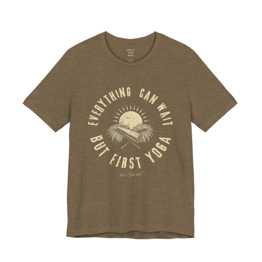 First funny yoga shirt in Heather Olive — Bella+Canvas 3001 graphic tee by Ramro Yoga Wear