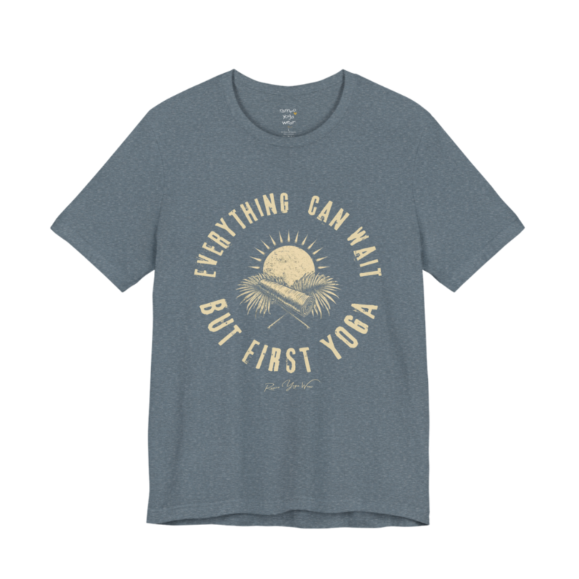 First funny yoga shirt in Heather Slate — Bella+Canvas 3001 graphic tee by Ramro Yoga Wear