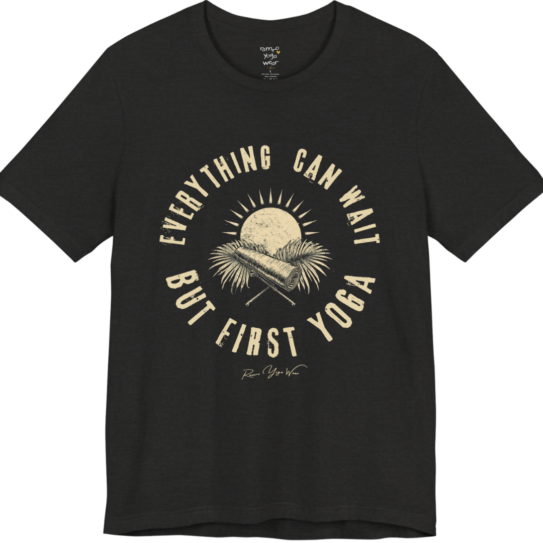 First T-Shirt funny yoga shirt in Black Heather — Bella+Canvas 3001 graphic tee by Ramro Yoga Wear