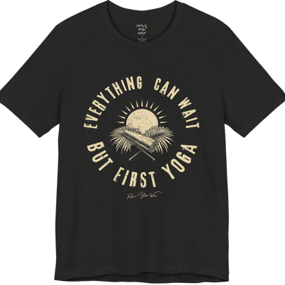 First T-Shirt funny yoga shirt in Black Heather — Bella+Canvas 3001 graphic tee by Ramro Yoga Wear