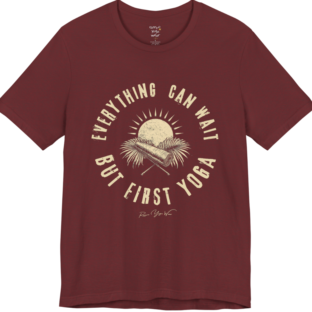 First T-Shirt funny yoga shirt in Heather Cardinal — vintage sun yoga mat circular graphic tee by Ramro Yoga Wear