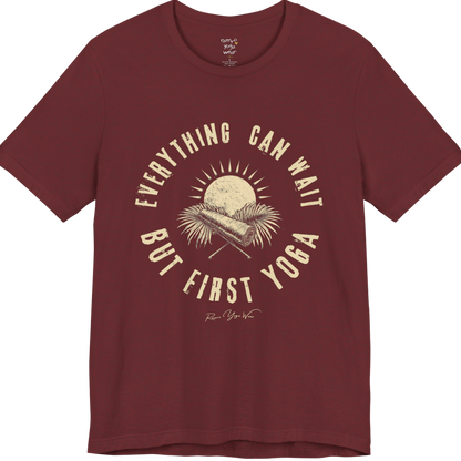 First T-Shirt funny yoga shirt in Heather Cardinal — vintage sun yoga mat circular graphic tee by Ramro Yoga Wear