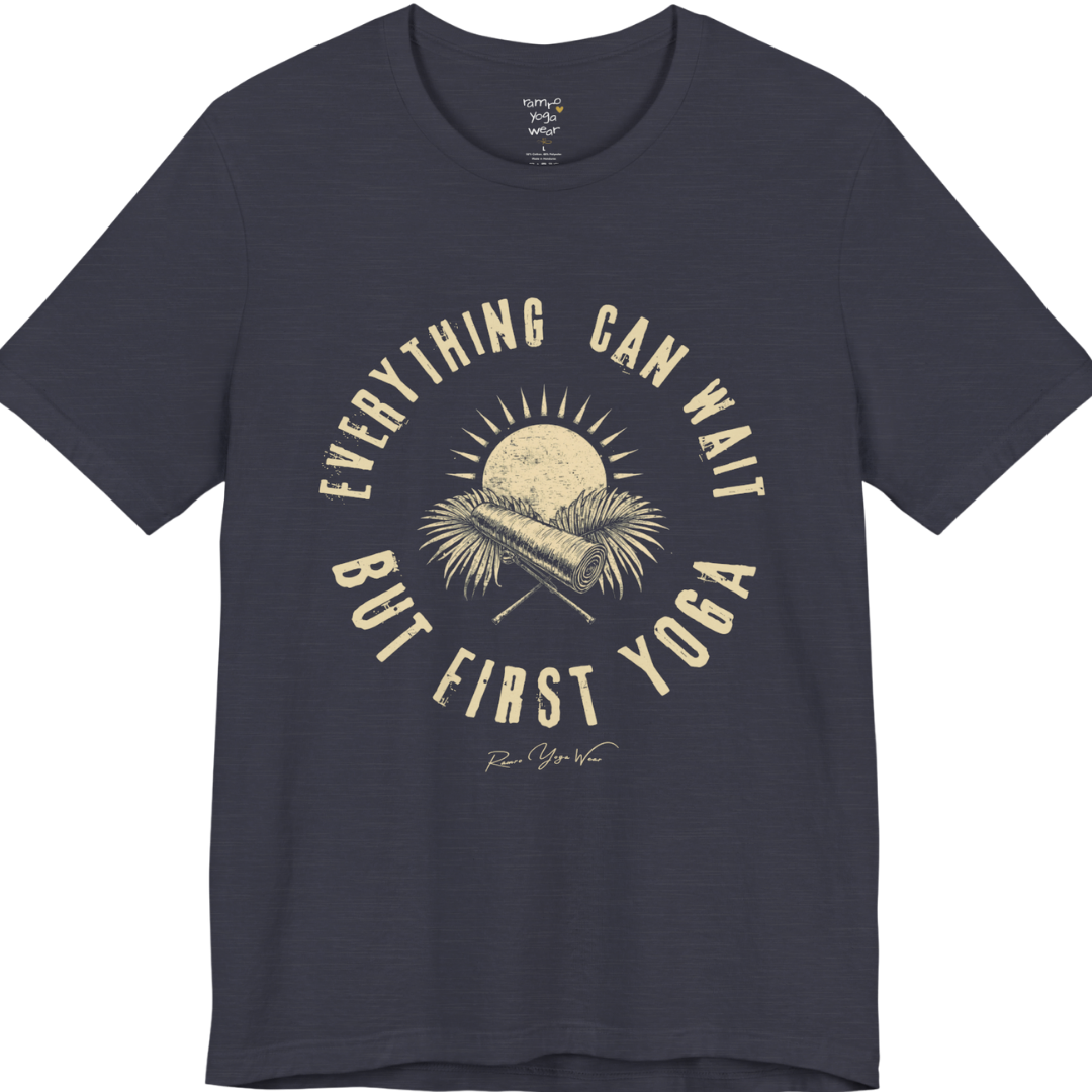 First T-Shirt funny yoga shirt in Heather Midnight Navy — Bella+Canvas 3001 graphic tee by Ramro Yoga Wear
