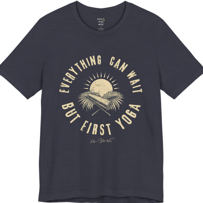 First T-Shirt funny yoga shirt in Heather Midnight Navy — Bella+Canvas 3001 graphic tee by Ramro Yoga Wear