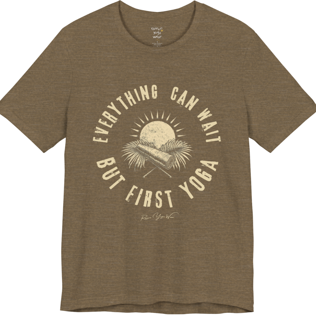First T-Shirt funny yoga shirt in Heather Olive — Bella+Canvas 3001 graphic tee by Ramro Yoga Wear