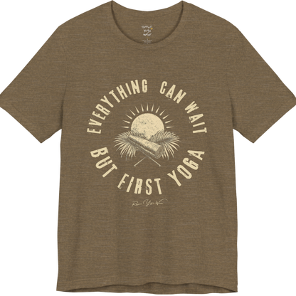 First T-Shirt funny yoga shirt in Heather Olive — Bella+Canvas 3001 graphic tee by Ramro Yoga Wear