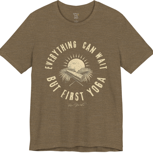 First T-Shirt funny yoga shirt in Heather Olive — Bella+Canvas 3001 graphic tee by Ramro Yoga Wear