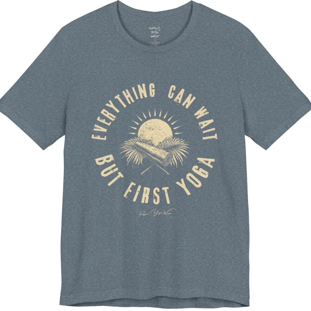 First T-Shirt funny yoga shirt in Heather Slate — Bella+Canvas 3001 graphic tee by Ramro Yoga Wear