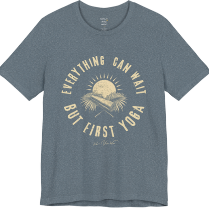 First T-Shirt funny yoga shirt in Heather Slate — Bella+Canvas 3001 graphic tee by Ramro Yoga Wear