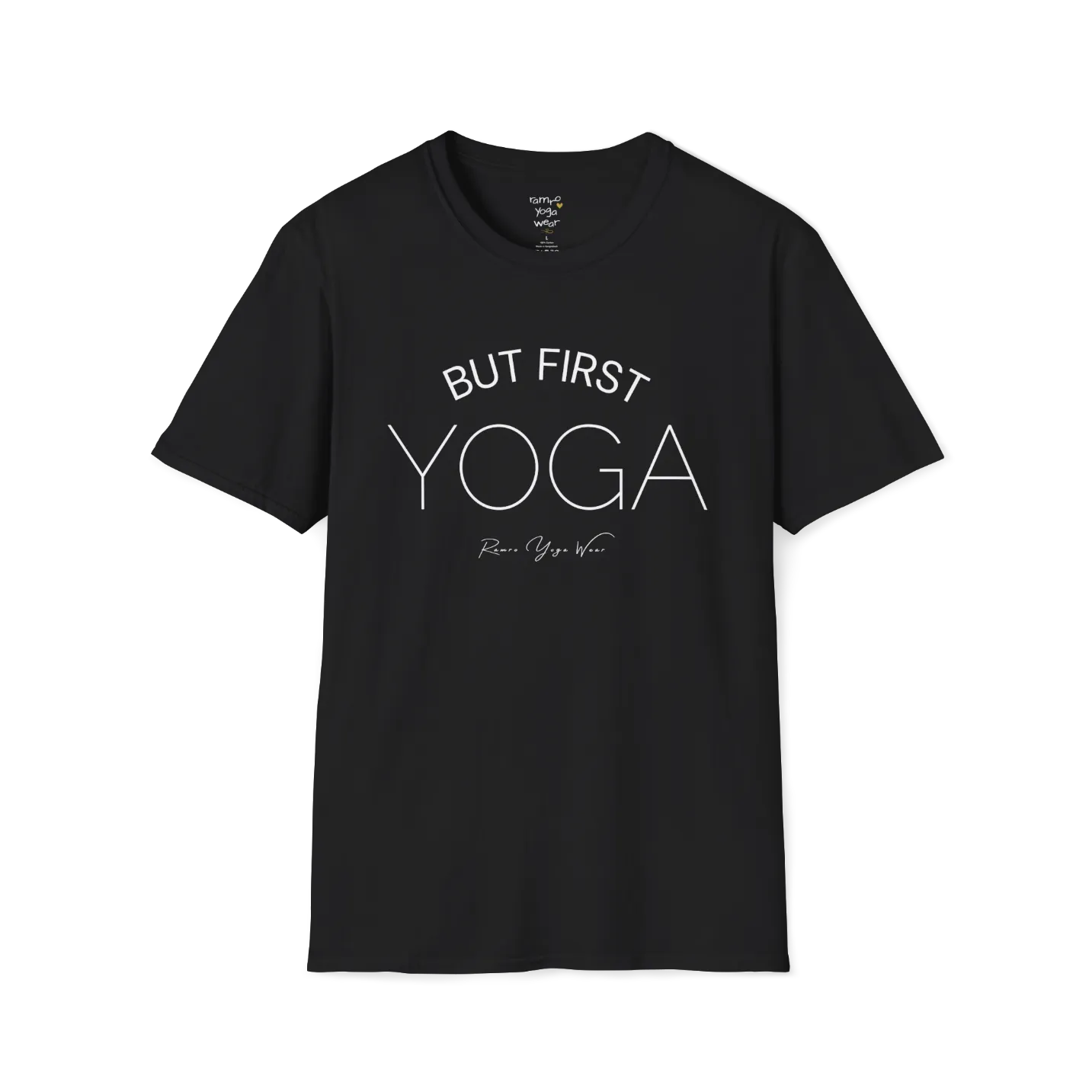 "But First, Yoga" minimal text design — The Vault collection by Ramro Yoga Wear, Black.