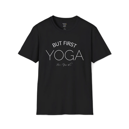 "But First, Yoga" minimal text design — The Vault collection by Ramro Yoga Wear, Black.