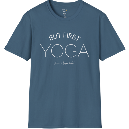 But First Yoga typography design with signature script — The Vault collection by Ramro Yoga Wear in Indigo Blue