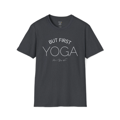 "But First, Yoga" minimal text design — The Vault collection by Ramro Yoga Wear, Dark Heather Grey.