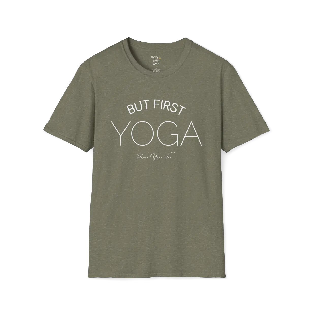"But First, Yoga" minimal text design — The Vault collection by Ramro Yoga Wear, Heather Military Green.