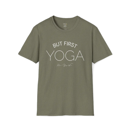 "But First, Yoga" minimal text design — The Vault collection by Ramro Yoga Wear, Heather Military Green.