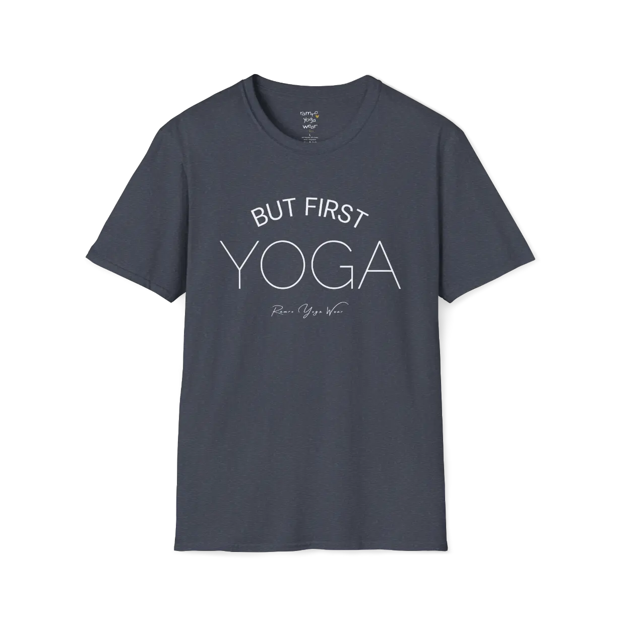 "But First, Yoga" minimal text design — The Vault collection by Ramro Yoga Wear, Heather Navy.