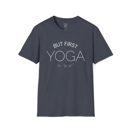 "But First, Yoga" minimal text design — The Vault collection by Ramro Yoga Wear, Heather Navy.