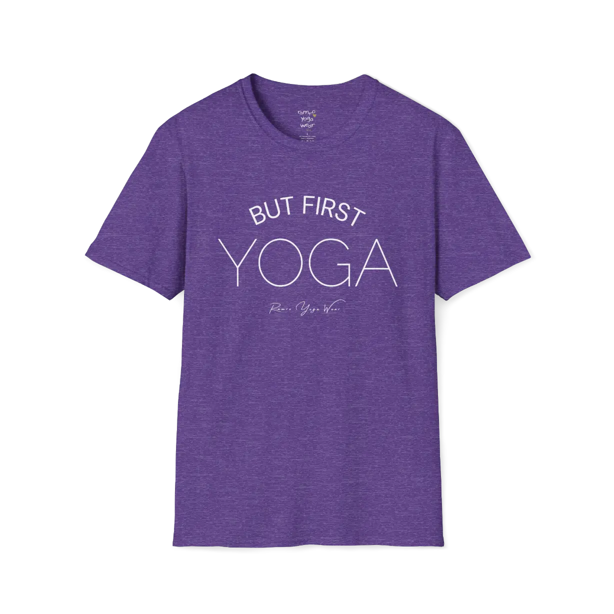 "But First, Yoga" minimal text design — The Vault collection by Ramro Yoga Wear, Heather Purple.