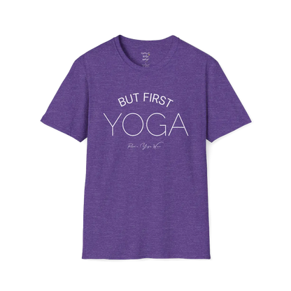 "But First, Yoga" minimal text design — The Vault collection by Ramro Yoga Wear, Heather Purple.