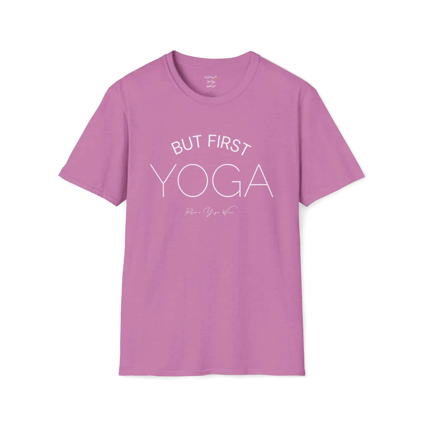 "But First, Yoga" minimal text design — The Vault collection by Ramro Yoga Wear, Heather Radiant Orchid.