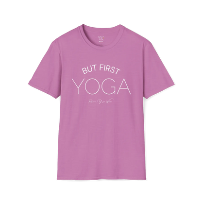 "But First, Yoga" minimal text design — The Vault collection by Ramro Yoga Wear, Heather Radiant Orchid.