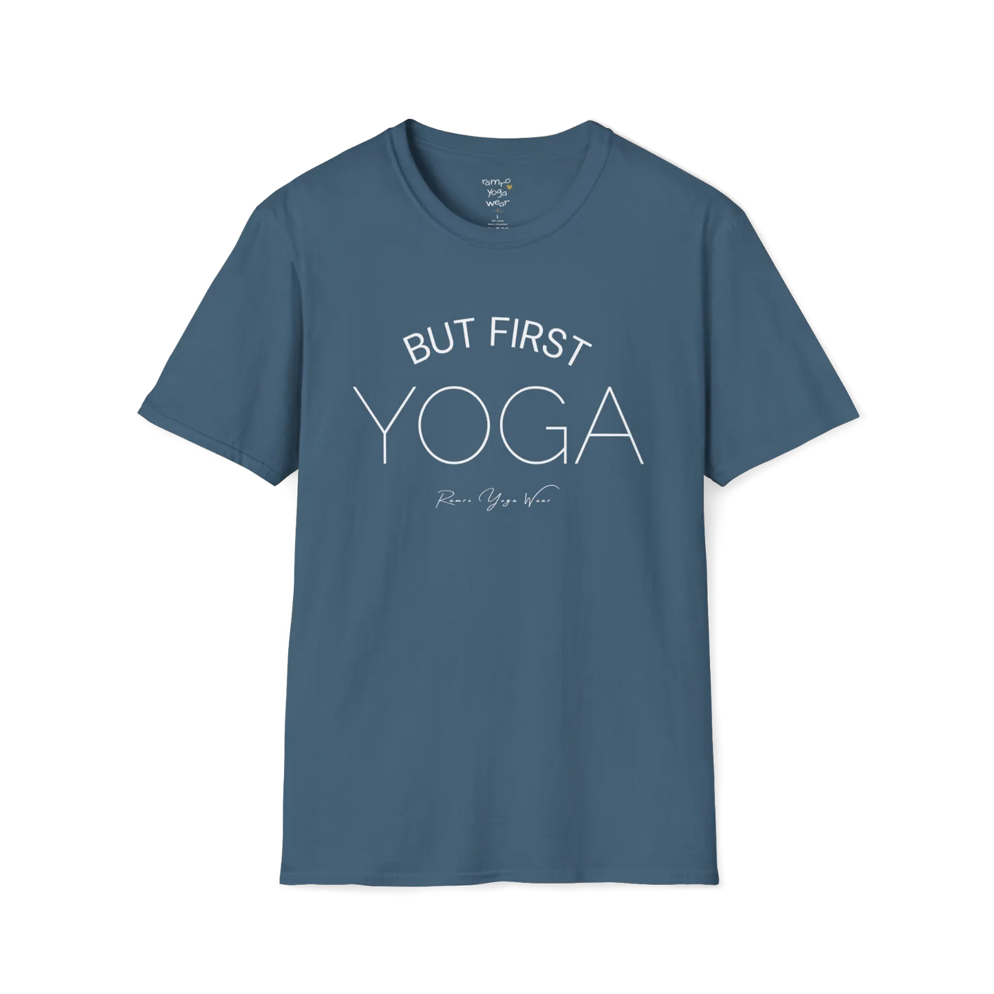 "But First, Yoga" minimal text design — The Vault collection by Ramro Yoga Wear, Indigo Blue.