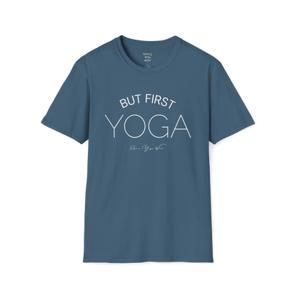 "But First, Yoga" minimal text design — The Vault collection by Ramro Yoga Wear, Indigo Blue.