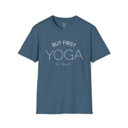 "But First, Yoga" minimal text design — The Vault collection by Ramro Yoga Wear, Indigo Blue.