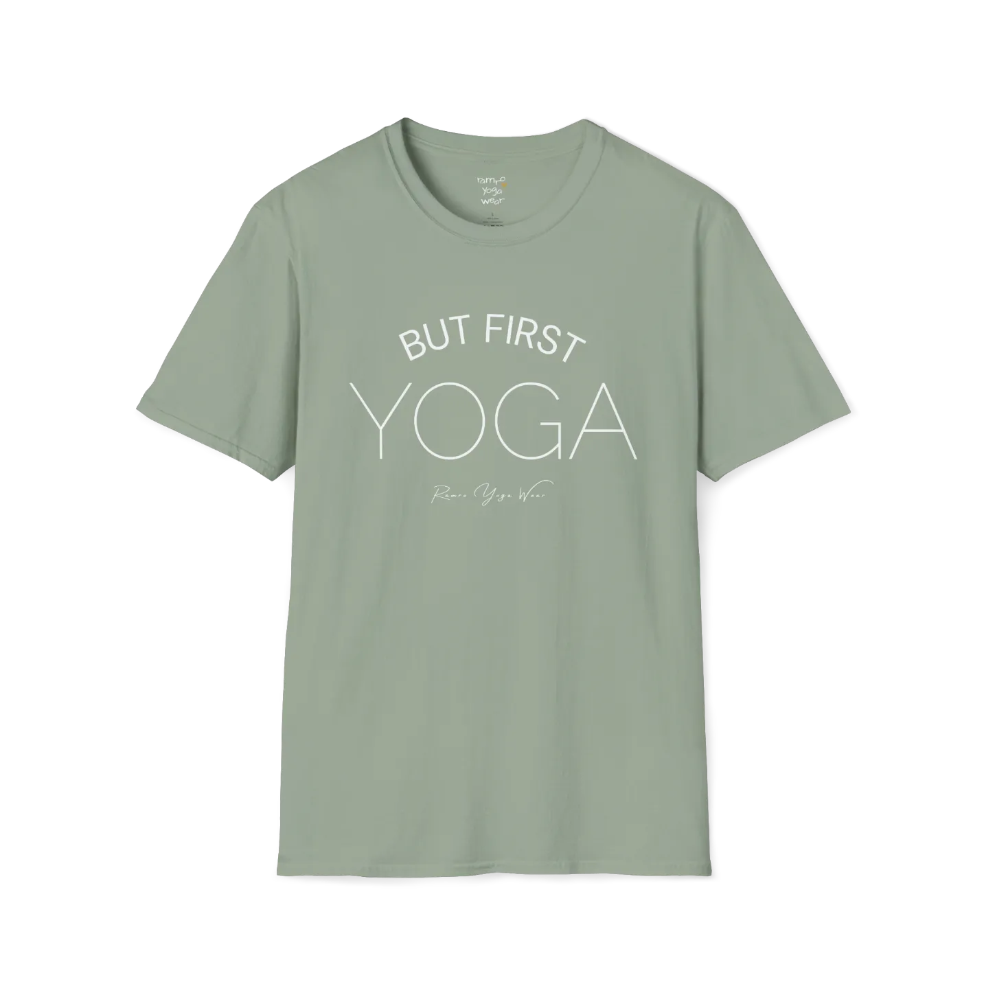 "But First, Yoga" minimal text design — The Vault collection by Ramro Yoga Wear, Sage.