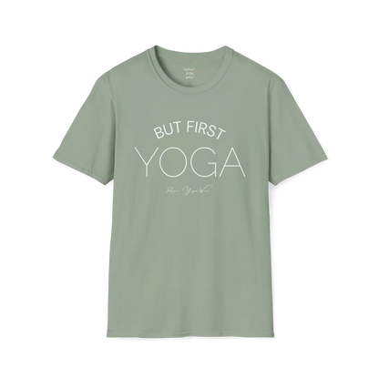 "But First, Yoga" minimal text design — The Vault collection by Ramro Yoga Wear, Sage.