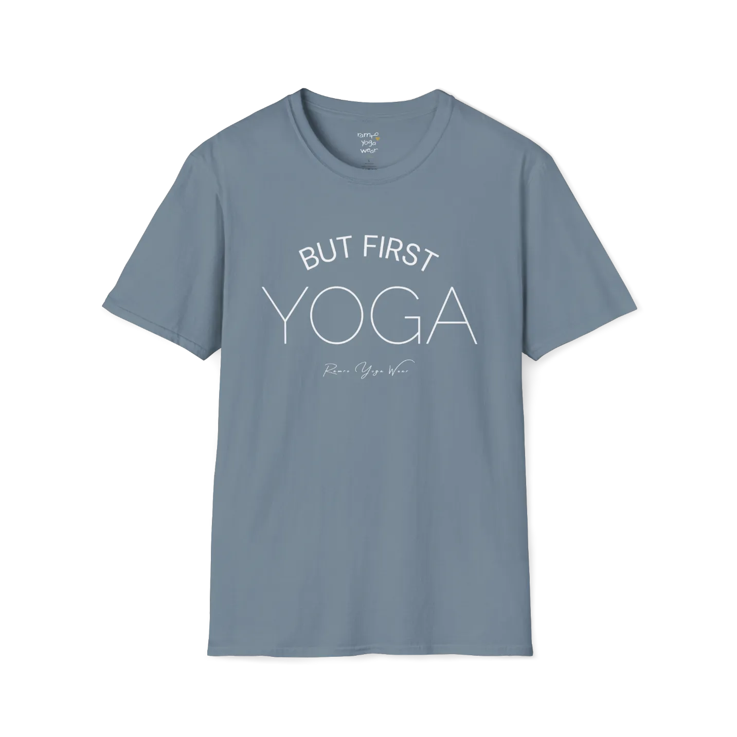 "But First, Yoga" minimal text design — The Vault collection by Ramro Yoga Wear, Stone Blue.