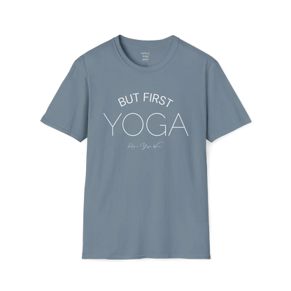 "But First, Yoga" minimal text design — The Vault collection by Ramro Yoga Wear, Stone Blue.
