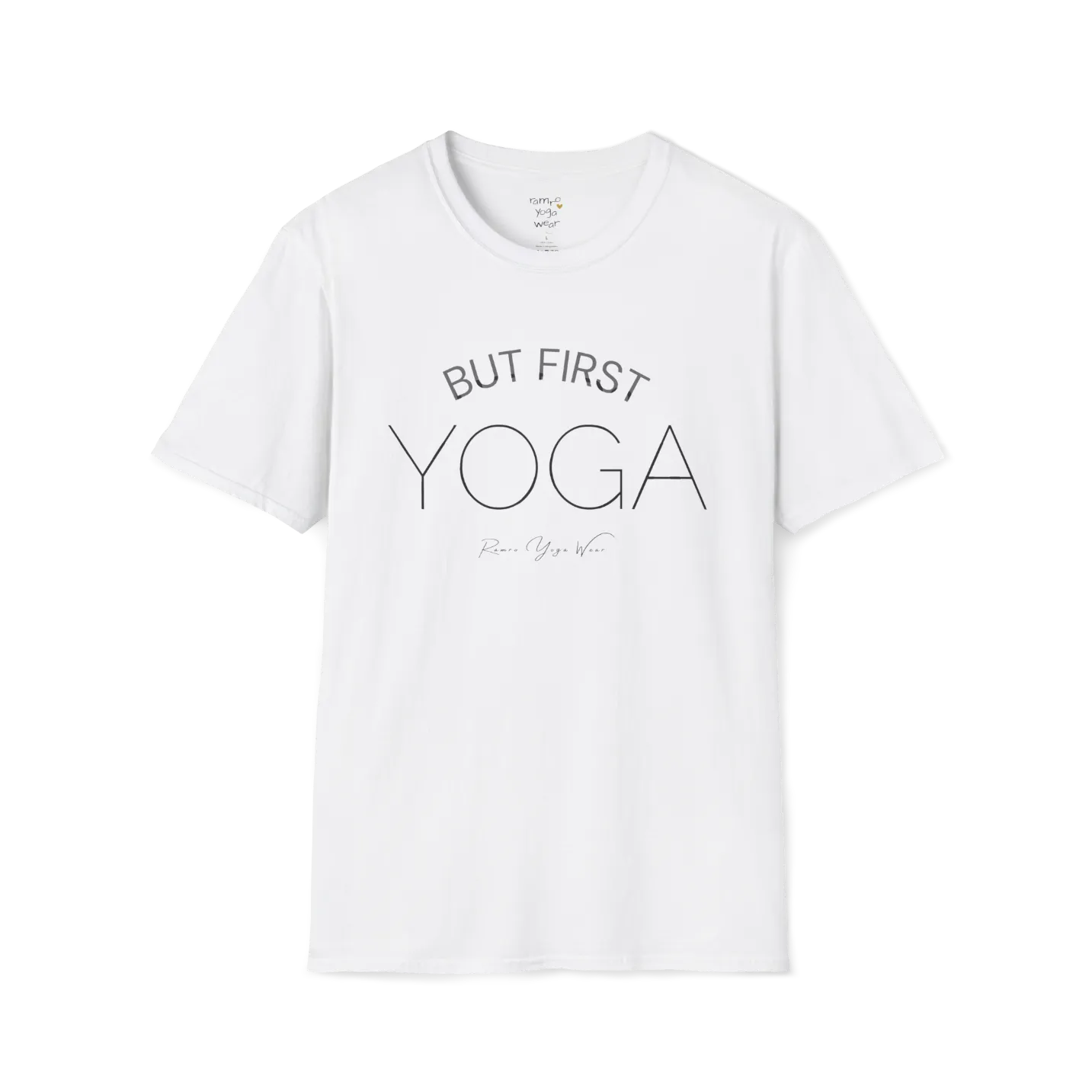 "But First, Yoga" minimal text design — The Vault collection by Ramro Yoga Wear, White.