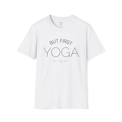 "But First, Yoga" minimal text design — The Vault collection by Ramro Yoga Wear, White.