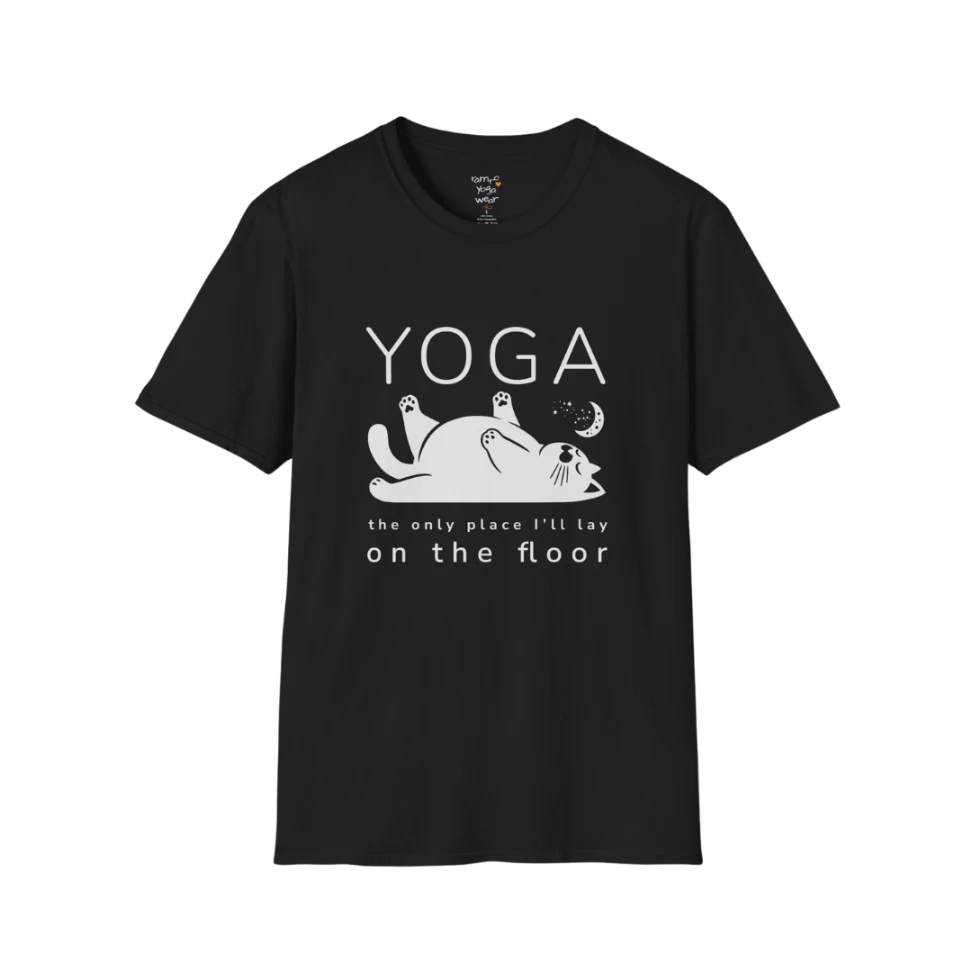 Floor T-Shirt with laid-back cat design and "the only place I'll lay on the floor" quote — The Vault collection by Ramro Yoga Wear — Black