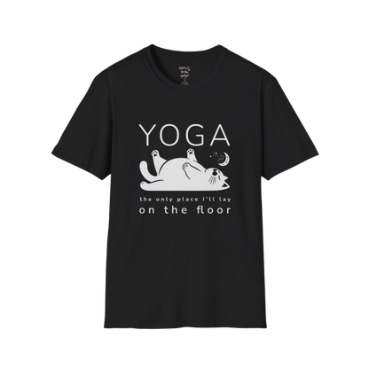 Floor T-Shirt with laid-back cat design and "the only place I'll lay on the floor" quote — The Vault collection by Ramro Yoga Wear — Black