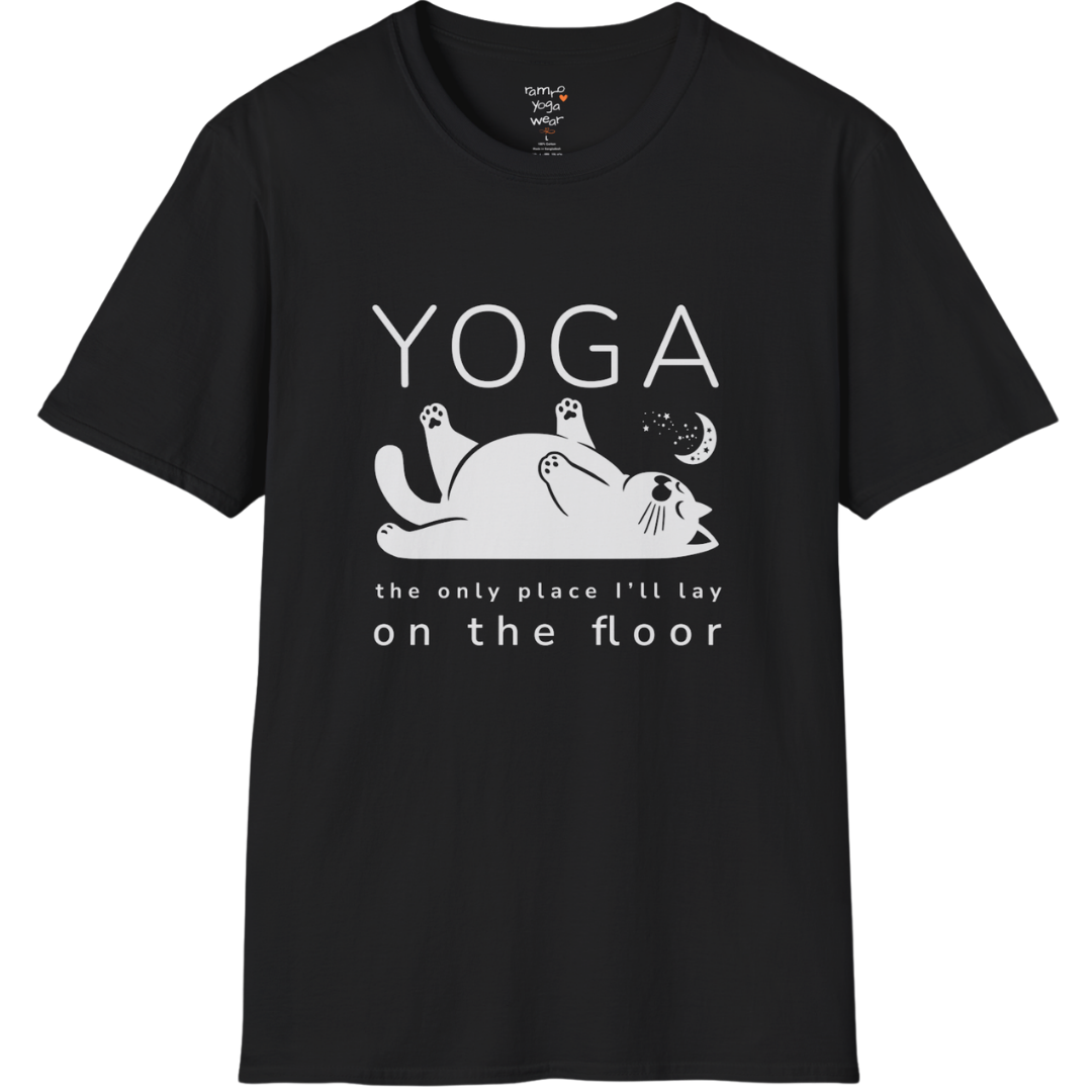 Floor T-Shirt with laid-back cat design and "the only place I'll lay on the floor" quote — The Vault collection by Ramro Yoga Wear — Black