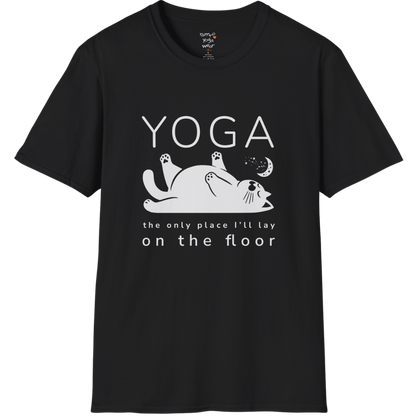 Floor T-Shirt with laid-back cat design and "the only place I'll lay on the floor" quote — The Vault collection by Ramro Yoga Wear — Black