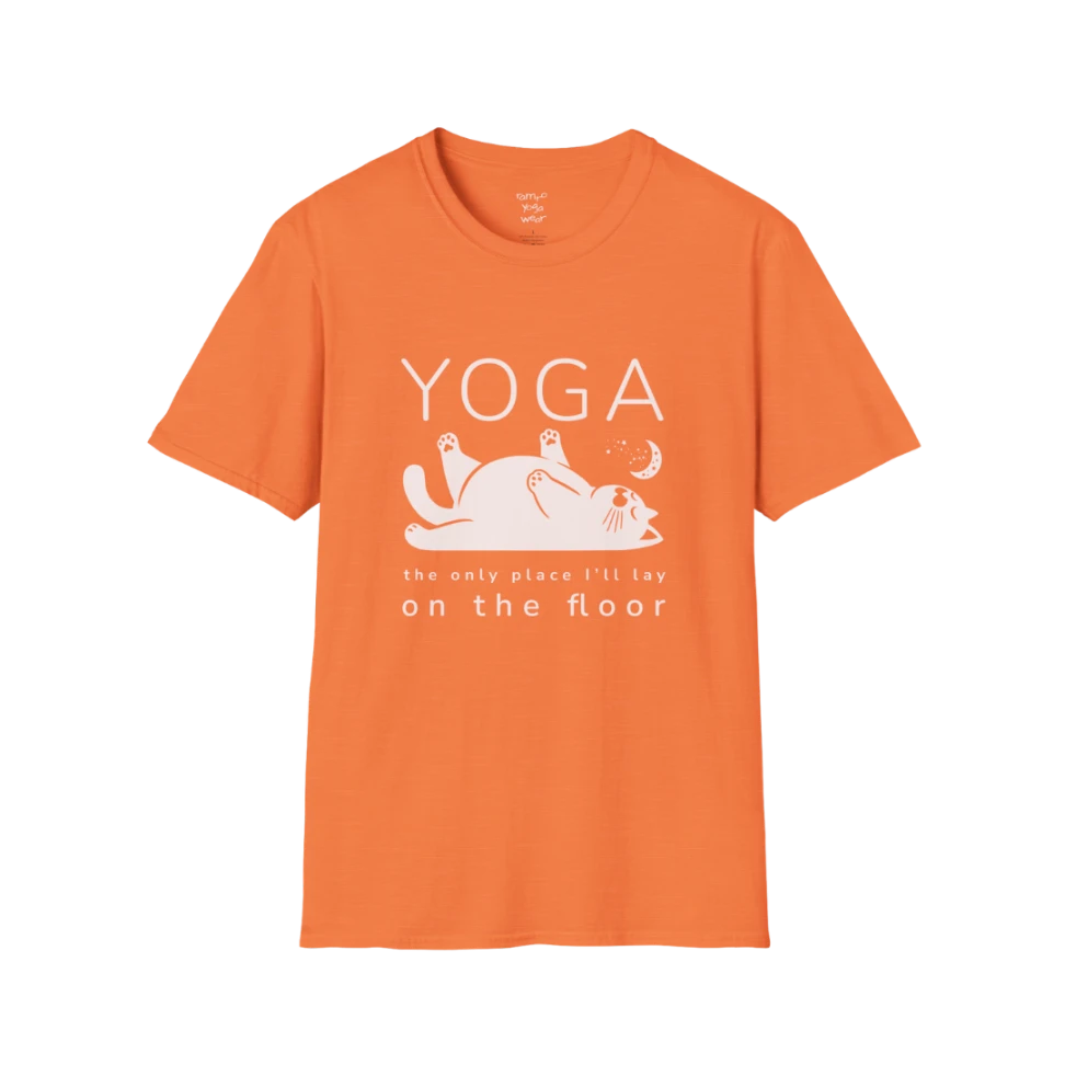 Floor T-Shirt with laid-back cat design and "the only place I'll lay on the floor" quote — The Vault collection by Ramro Yoga Wear — Heather Orange