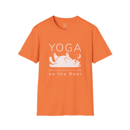 Floor T-Shirt with laid-back cat design and "the only place I'll lay on the floor" quote — The Vault collection by Ramro Yoga Wear — Heather Orange